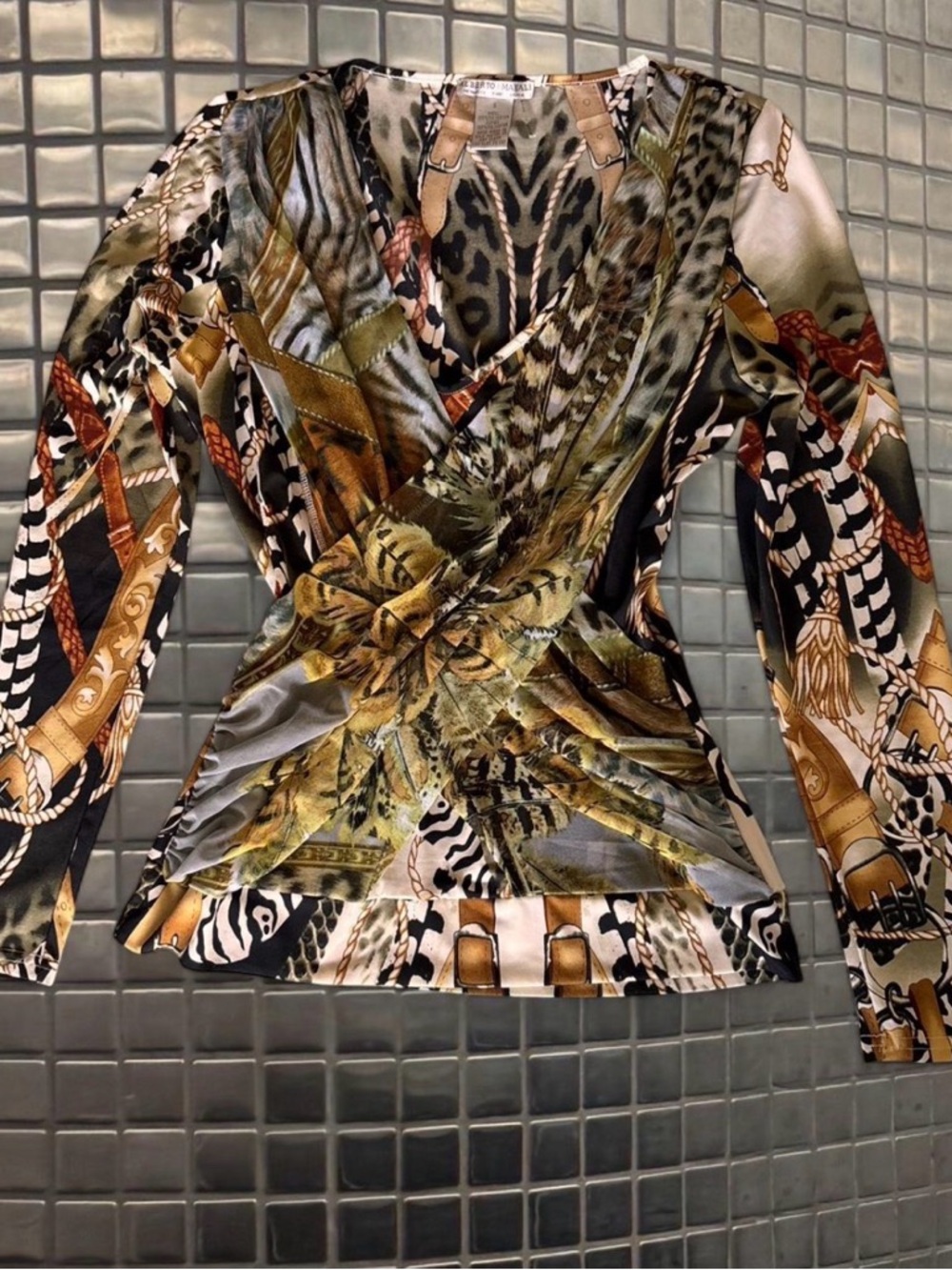 Alberto Makali Multicolor Faux-Wrap Animal & Chain Print V-Neck Top